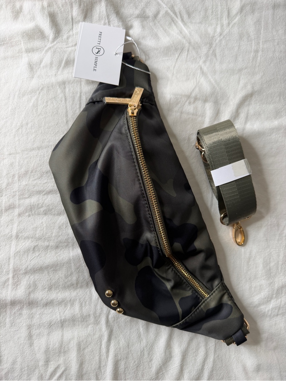 Olive Camo Crossbody Belt Bag with Gold Hardware